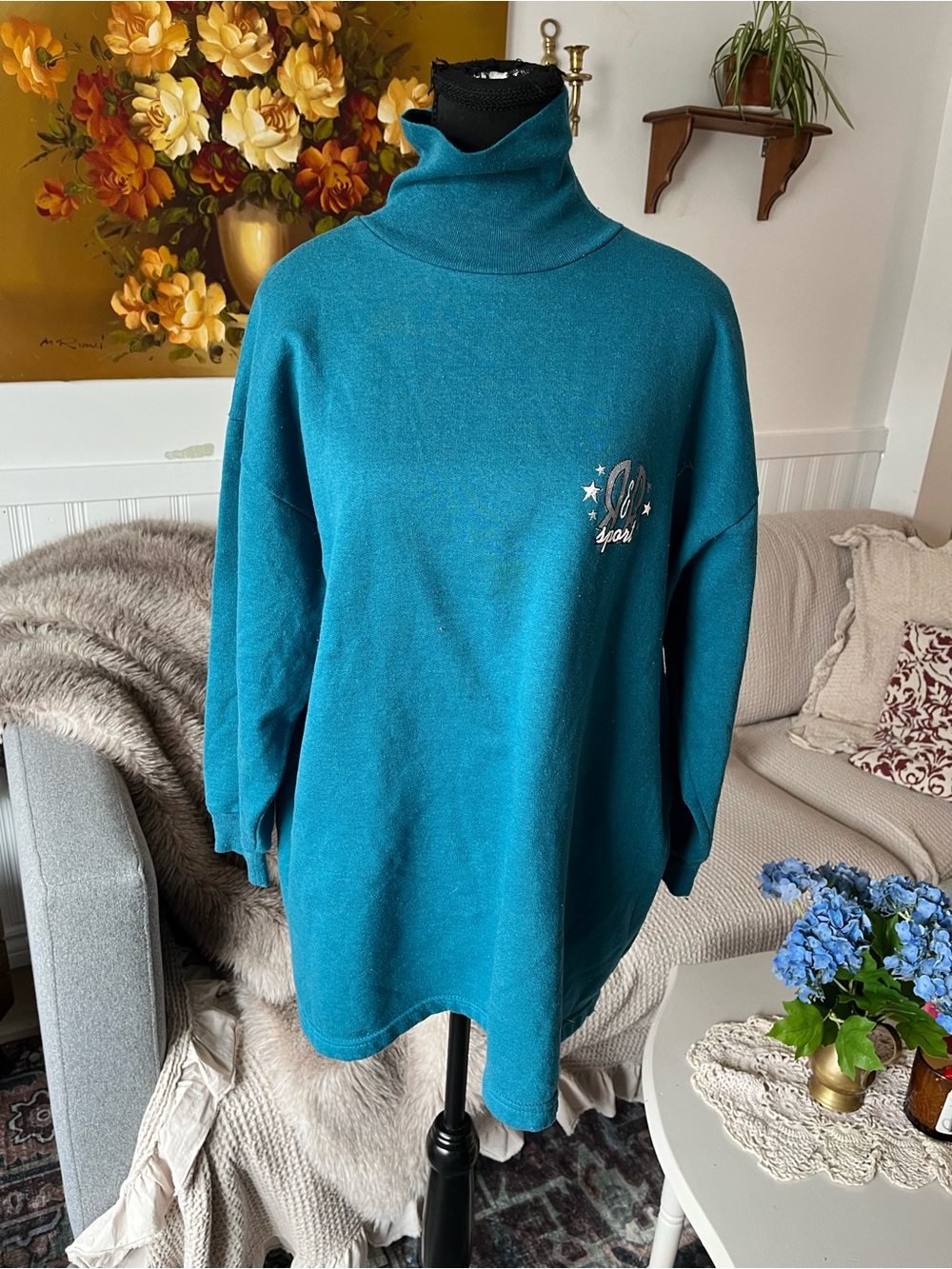 Women’s Vintage Teal Turtleneck R&R Sweater - Cozy Oversized Fit - Size 1X